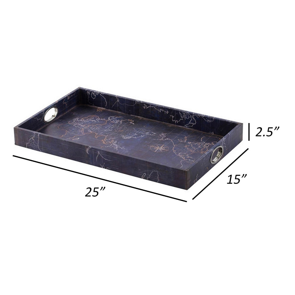 25 Inch Set of 2 Rectangular Decorative Trays Gold Map Design Deep Blue By Casagear Home BM302624