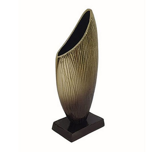 15 Inch Decorative Vase, Aluminum, Vertical Ribbing, Gold and Jet Black By Casagear Home