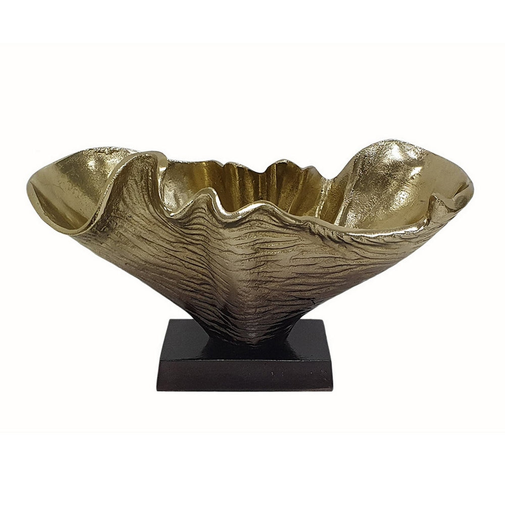 15 Inch Curved Shell Decorative Bowl Aluminum Square Base Gold and Black By Casagear Home BM302630