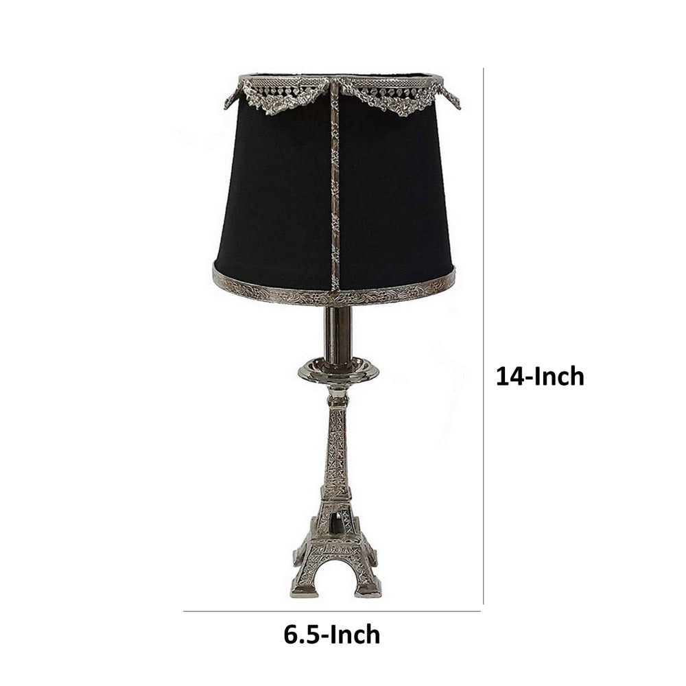 14 Inch Table Lamp Metal Trimmed Shade Nickel Finish Eiffel Tower Base By Casagear Home BM302633