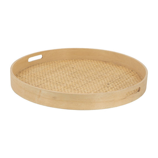 Zam 20 Inch Wood Round Decorative Tray, Rattan Bottom, Natural Brown By Casagear Home