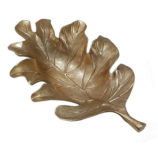 19 Inch Decorative Plate Tray, Oak Leaf Design, Gold Finished Aluminum By Casagear Home