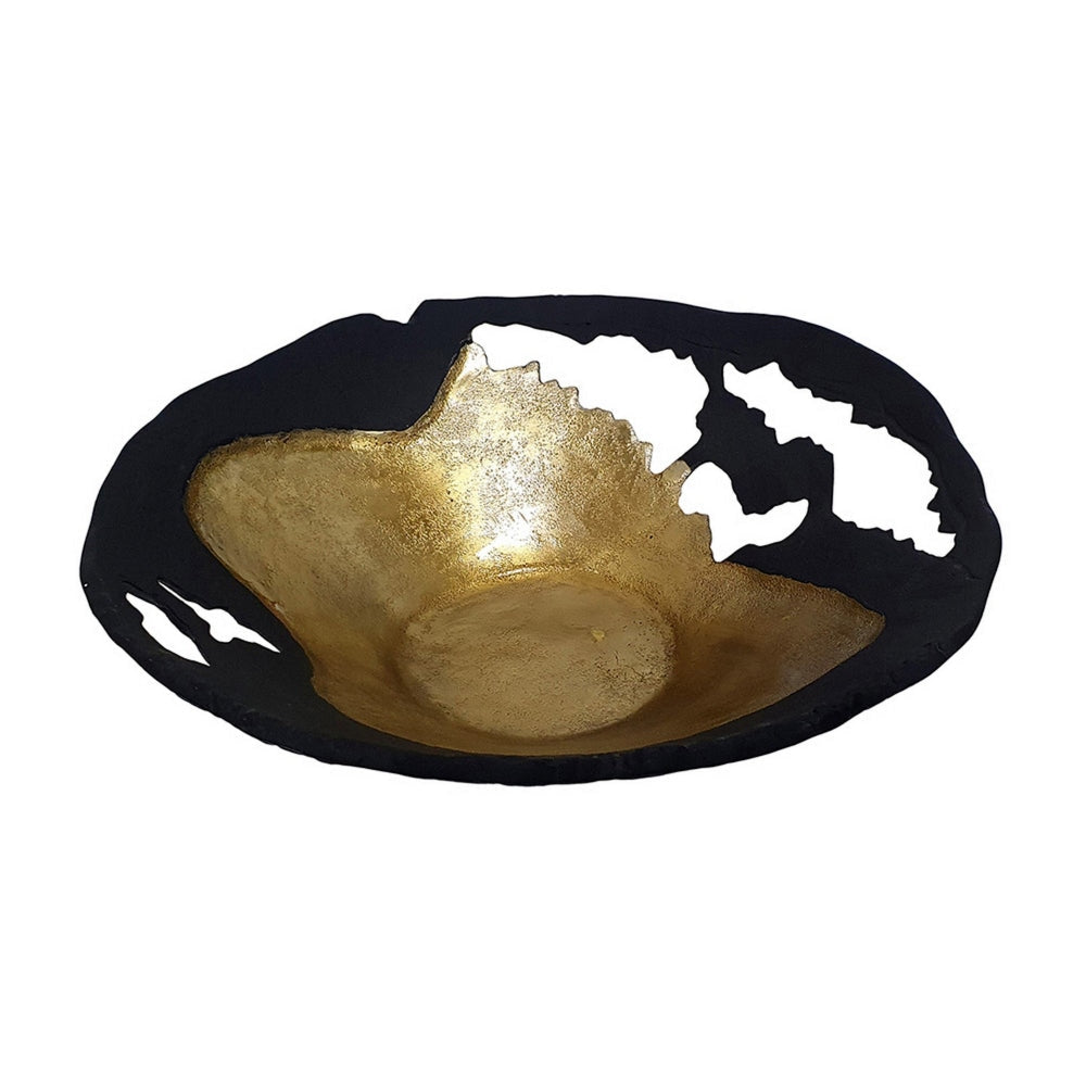 18 Inch Elegant Decorative Bowl Aluminum Cutwork Design Gold Black By Casagear Home BM302652