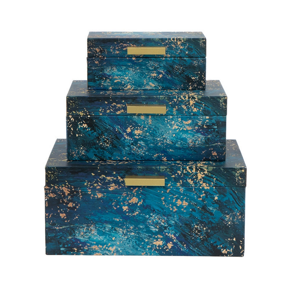 Set of 3 Decorative Rectangular Storage Boxes Gold Handles Blue Design By Casagear Home BM302659