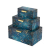 Set of 3 Decorative Rectangular Storage Boxes, Gold Handles, Blue Design By Casagear Home