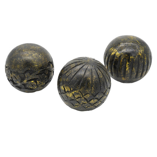 Set of 3 Decorative Tabletop Round Balls, Carved Mango Wood, Black, Yellow By Casagear Home