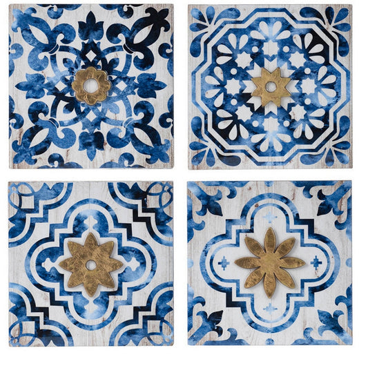 Set of 4 Classic Framed Wall Decor, Abstract Tile Design, White and Blue By Casagear Home