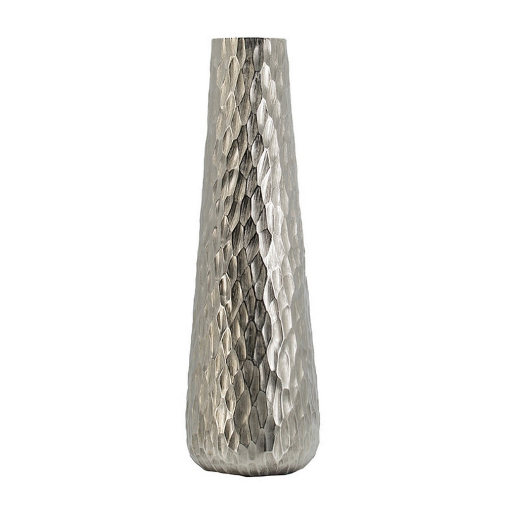 23 Inch Tall Oblong Vase, Diamond Textured, Tapered, Aluminum, Silver By Casagear Home