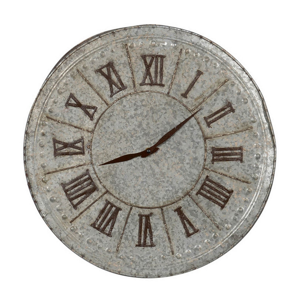 20 Inch Classic Round Wall Clock, Metal, Roman Numerals, Vintage Gray  By Casagear Home