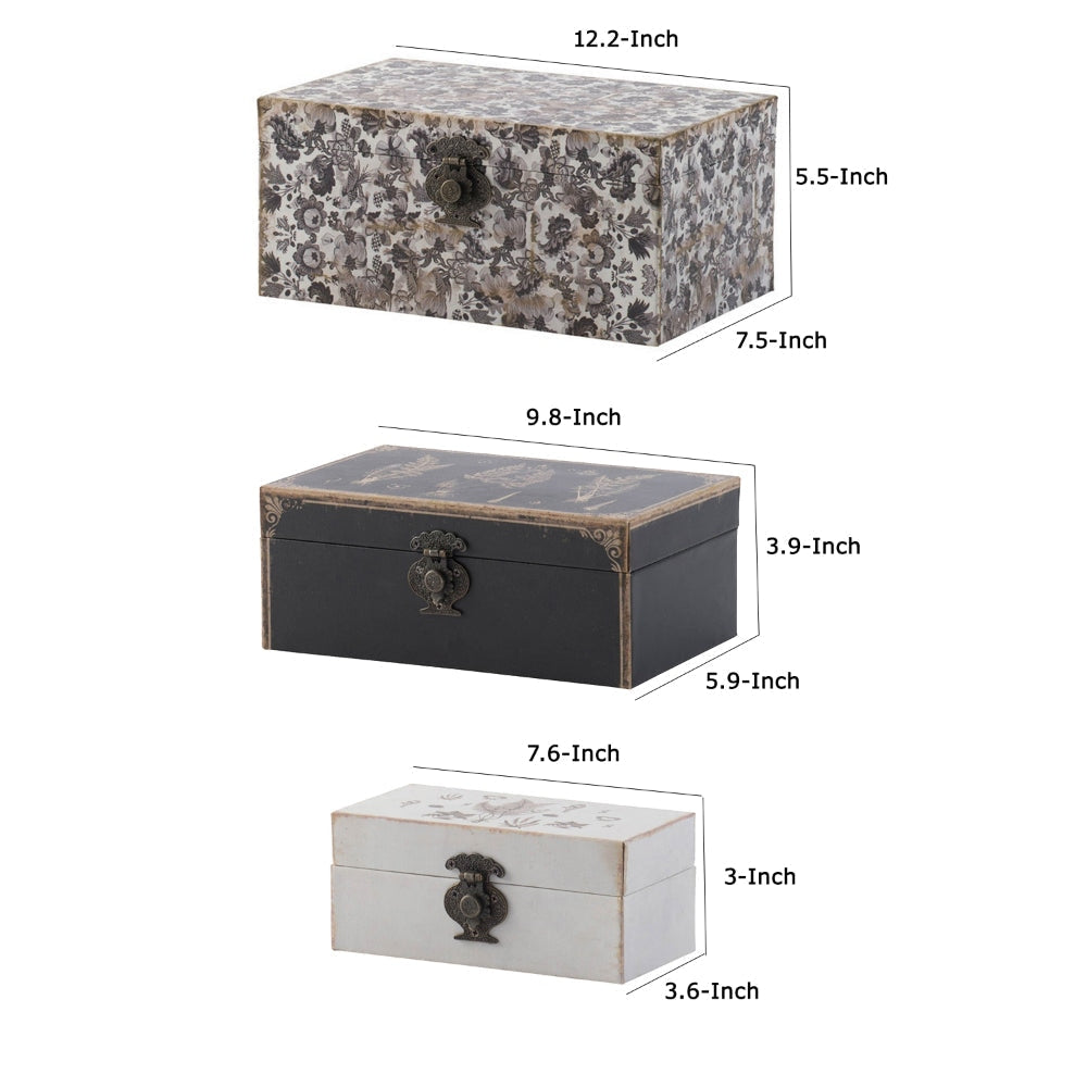 Set of 3 Decorative Boxes MDF Frame Black and Gray Floral Printing By Casagear Home BM302690