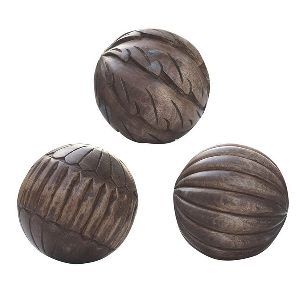 5 Inch Decorative Spheres, Set of 3 Balls, Carved Texture Mango Wood, Brown By Casagear Home