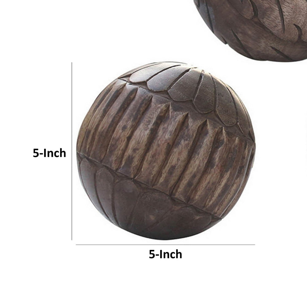 5 Inch Decorative Spheres Set of 3 Balls Carved Texture Mango Wood Brown By Casagear Home BM302708