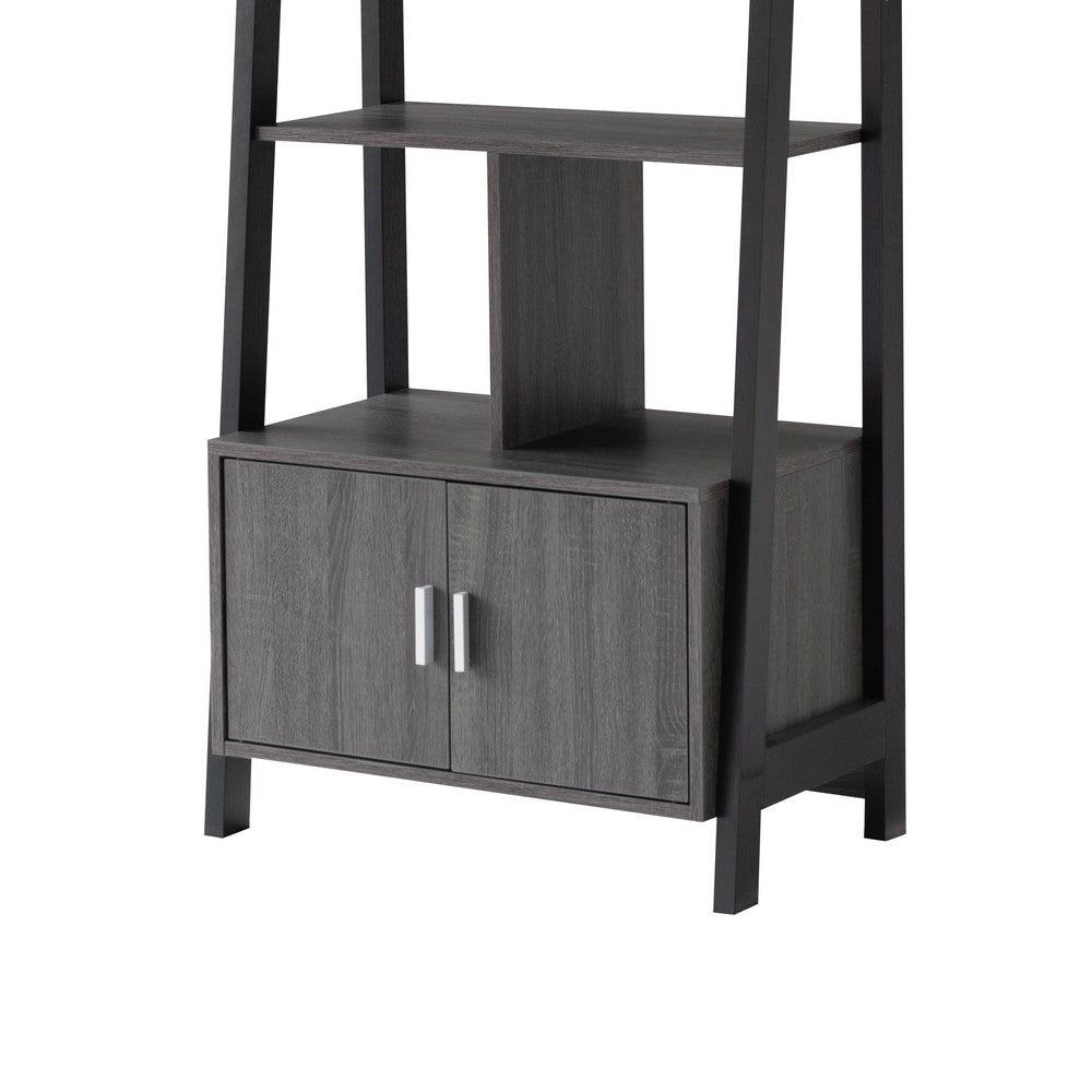70 Inch Ladder Bookcase with Double Door Cabinet 3 Shelves Gray Black By Casagear Home BM302951