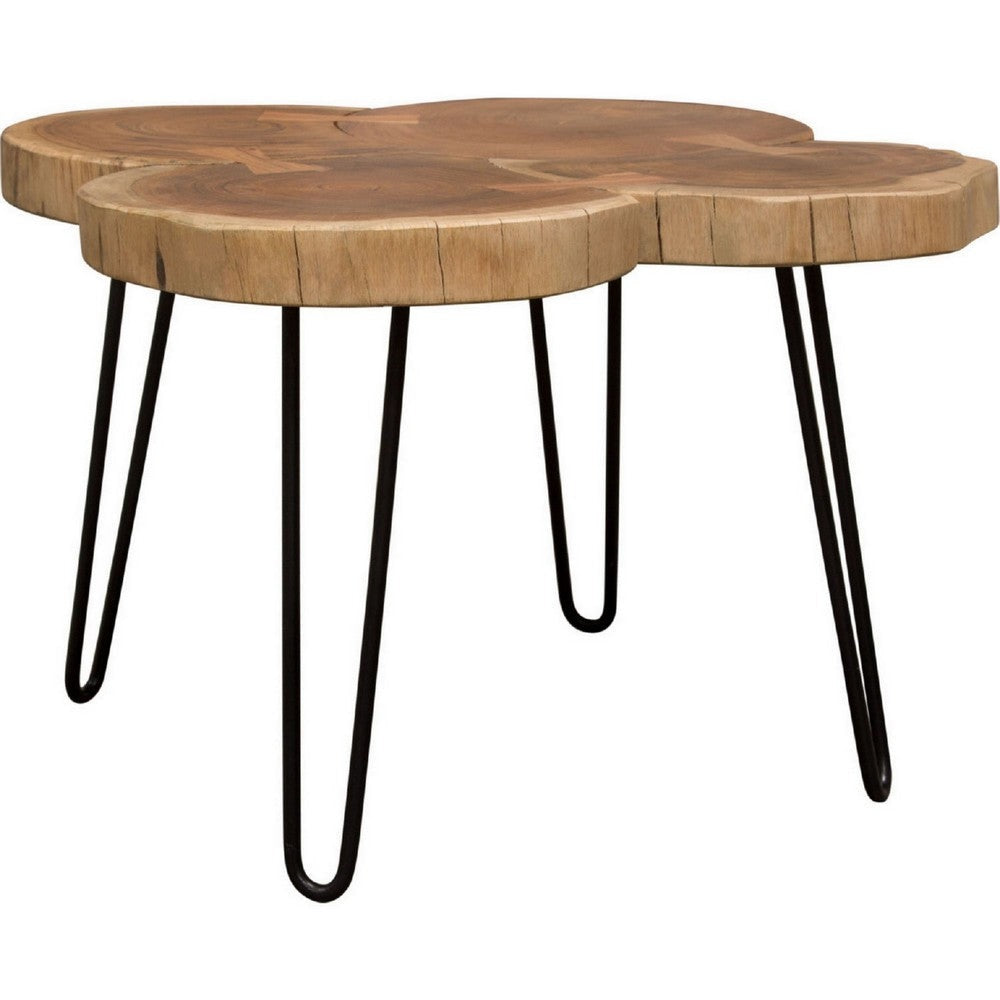 28 Inch Square Coffee Table, Natural Brown Wood Live Edge, Black Metal Legs By Casagear Home