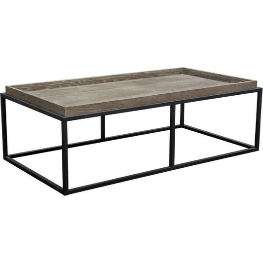 52 Inch Modern Coffee Table, Raised Tray Edges Rustic Oak Brown, Black By Casagear Home