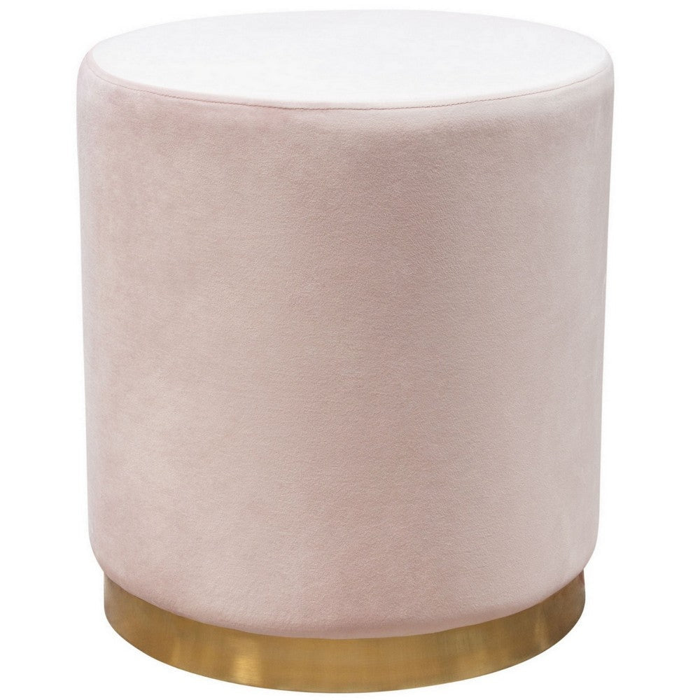 Himo 19 Inch Round Padded Ottoman, Gold Metal Base, Pink Velvet Upholstery By Casagear Home