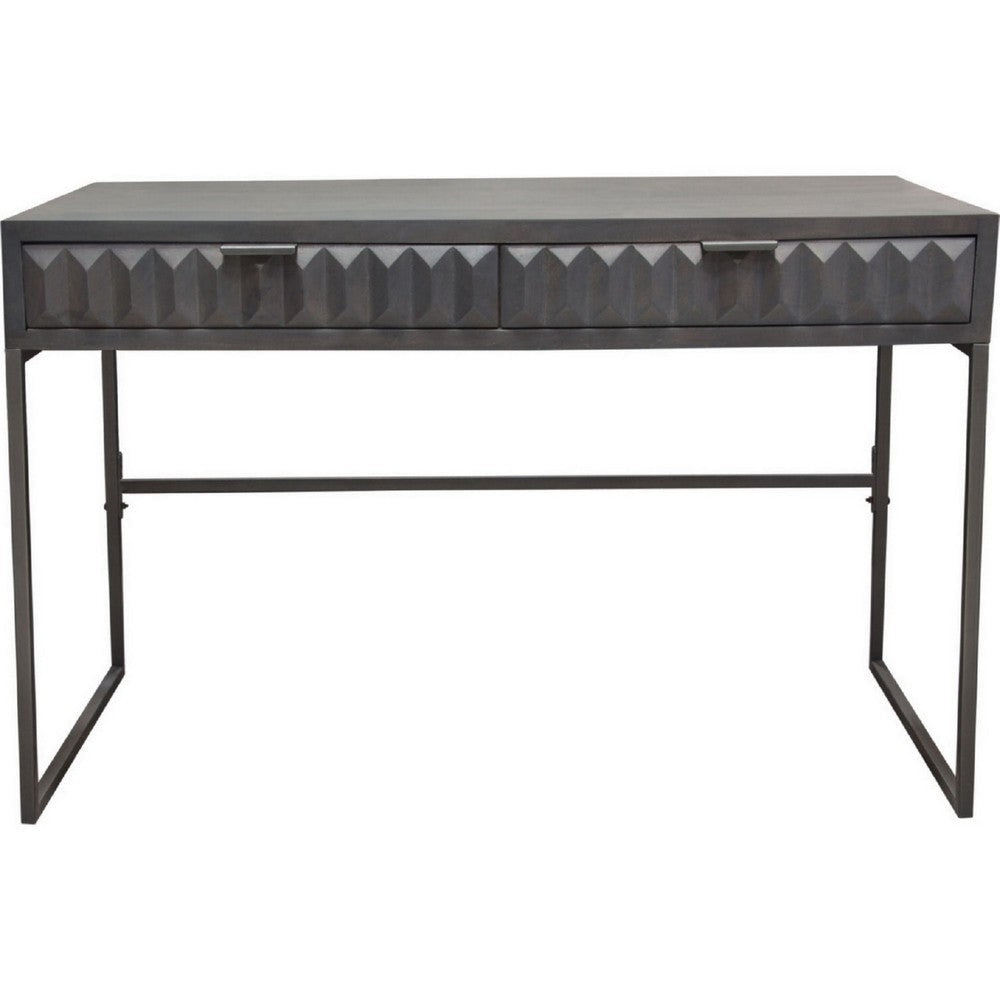 Fiva 47 Inch 2 Drawer Desk Embossed Geometric Patterns Smoke Gray Wood By Casagear Home BM303170