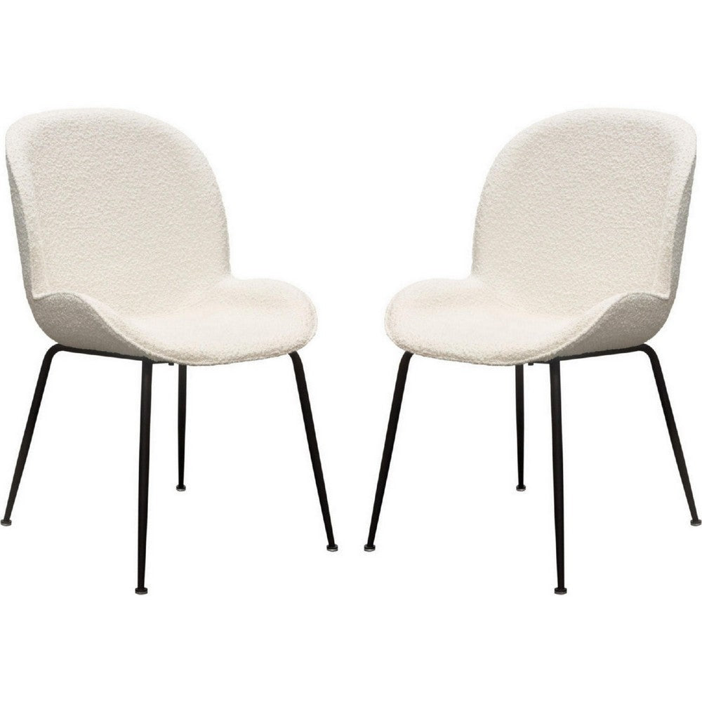 21 Inch Dining Chairs, Set of 2, Black Metal Legs, Ivory Boucle Upholstery By Casagear Home