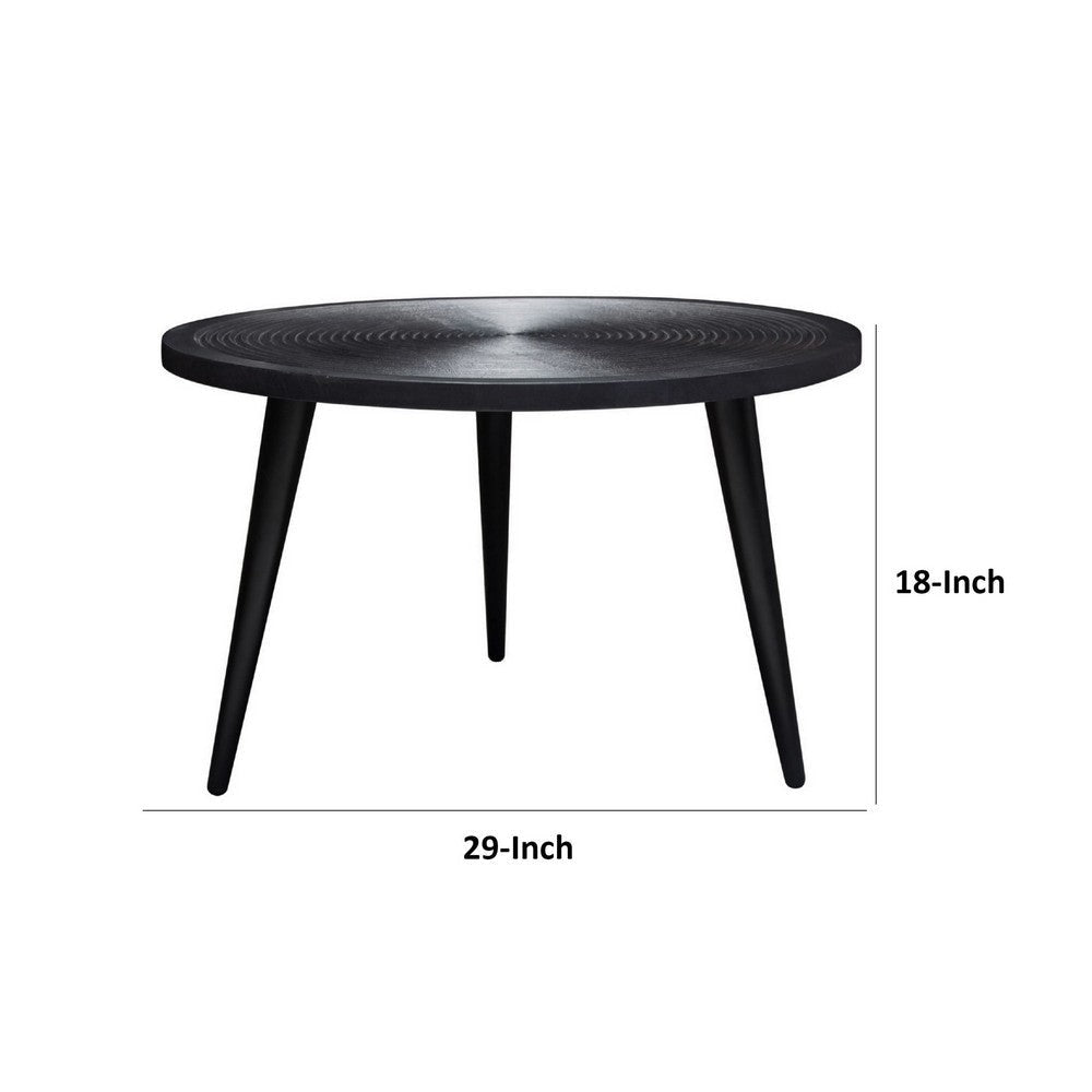 Vio 29 Inch Round Coffee Table Embossed Surface Patterning Black Wood By Casagear Home BM303204