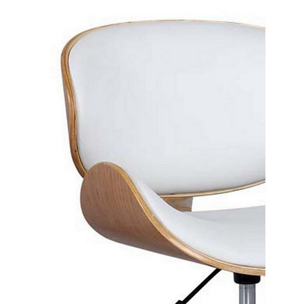 23 Inch Swivel Office Chair Curved Wood Seat and Back White Faux Leather By Casagear Home BM304614