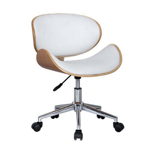 23 Inch Swivel Office Chair, Curved Wood Seat and Back, White Faux Leather By Casagear Home