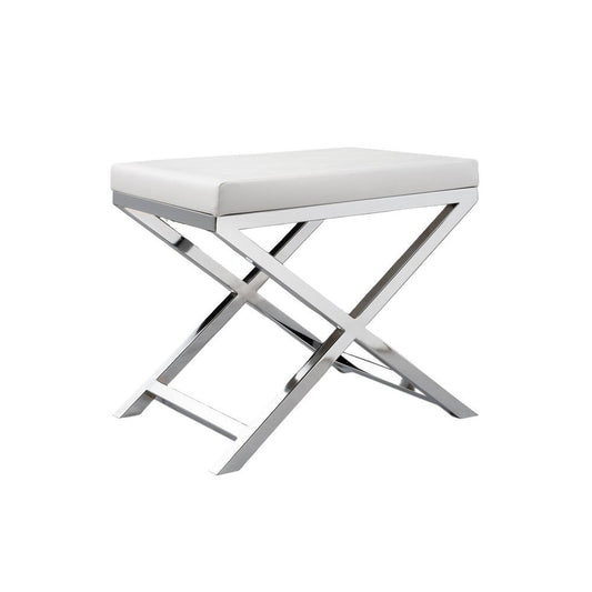 Sumi 18 Inch Stool, Padded Seat, White Faux Leather, Crossed Chrome Legs By Casagear Home