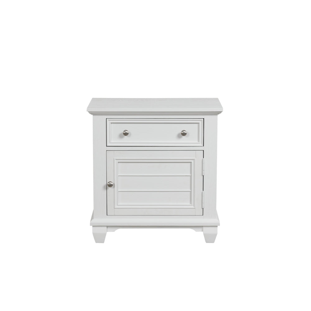 Jims 28 Inch Nightstand Single Door and Drawer Cup Handles White Wood By Casagear Home BM304791