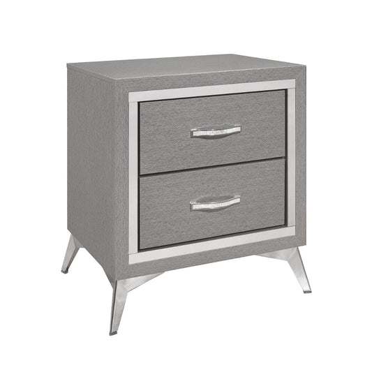 Haya 24 Inch 2 Drawer Nightstand, Embossed Smooth Gray Wood, Silver Trim By Casagear Home