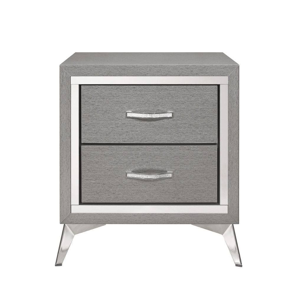 Haya 24 Inch 2 Drawer Nightstand Embossed Smooth Gray Wood Silver Trim By Casagear Home BM304795