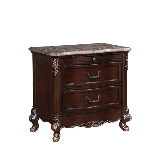 Leon 32 Inch 2 Drawer Nightstand, Carved Details, Marble Surface, Brown By Casagear Home