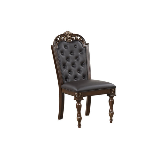 Mitch 21 Inch Tufted Dining Chair, Carved Details, Faux Leather Seat, Brown By Casagear Home