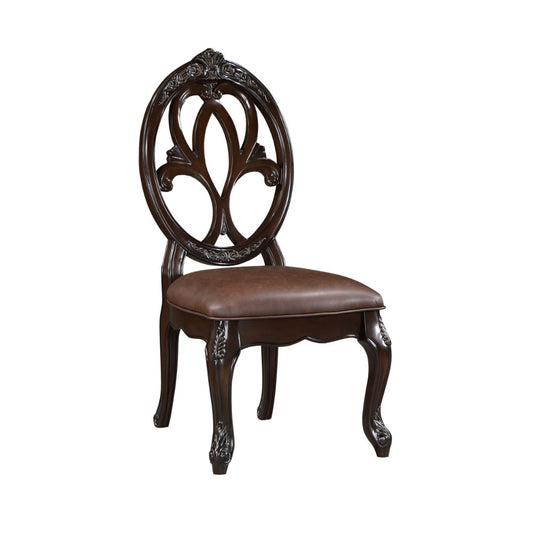 Cran 21 Inch Dining Side Chair, Carved Details, Faux Leather Seat, Brown By Casagear Home