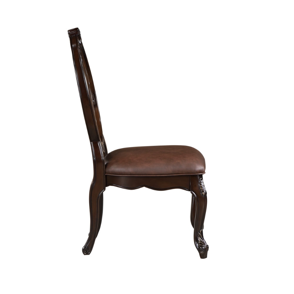 Cran 21 Inch Dining Side Chair Carved Details Faux Leather Seat Brown By Casagear Home BM304831