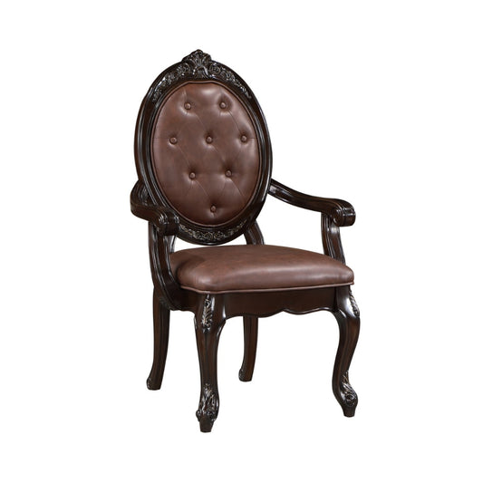 Cran 24 Inch Dining Armchair, Carved Details, Faux Leather Seat, Brown By Casagear Home