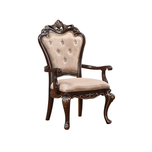 Leon 25 Inch Set of 2 Tufted Dining Armchair, Cherry Brown Wood, Beige Seat By Casagear Home