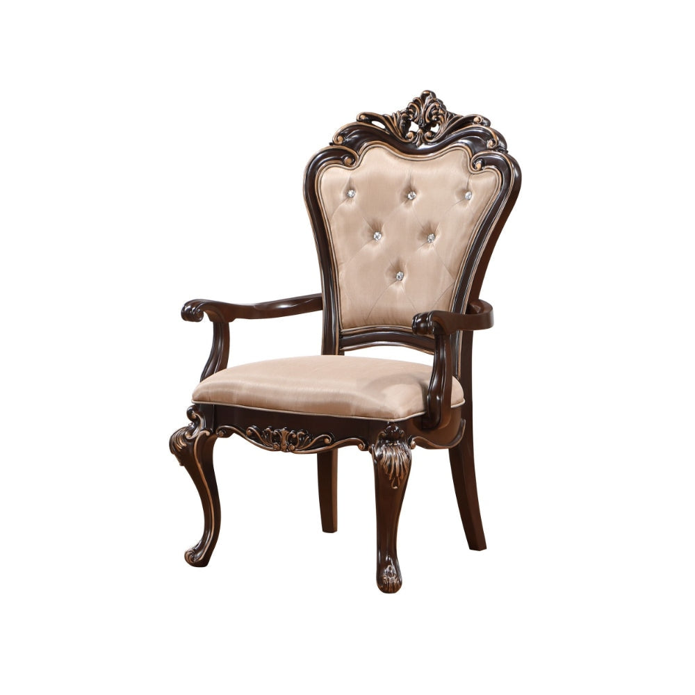 Leon 25 Inch Set of 2 Tufted Dining Armchair Cherry Brown Wood Beige Seat By Casagear Home BM304845