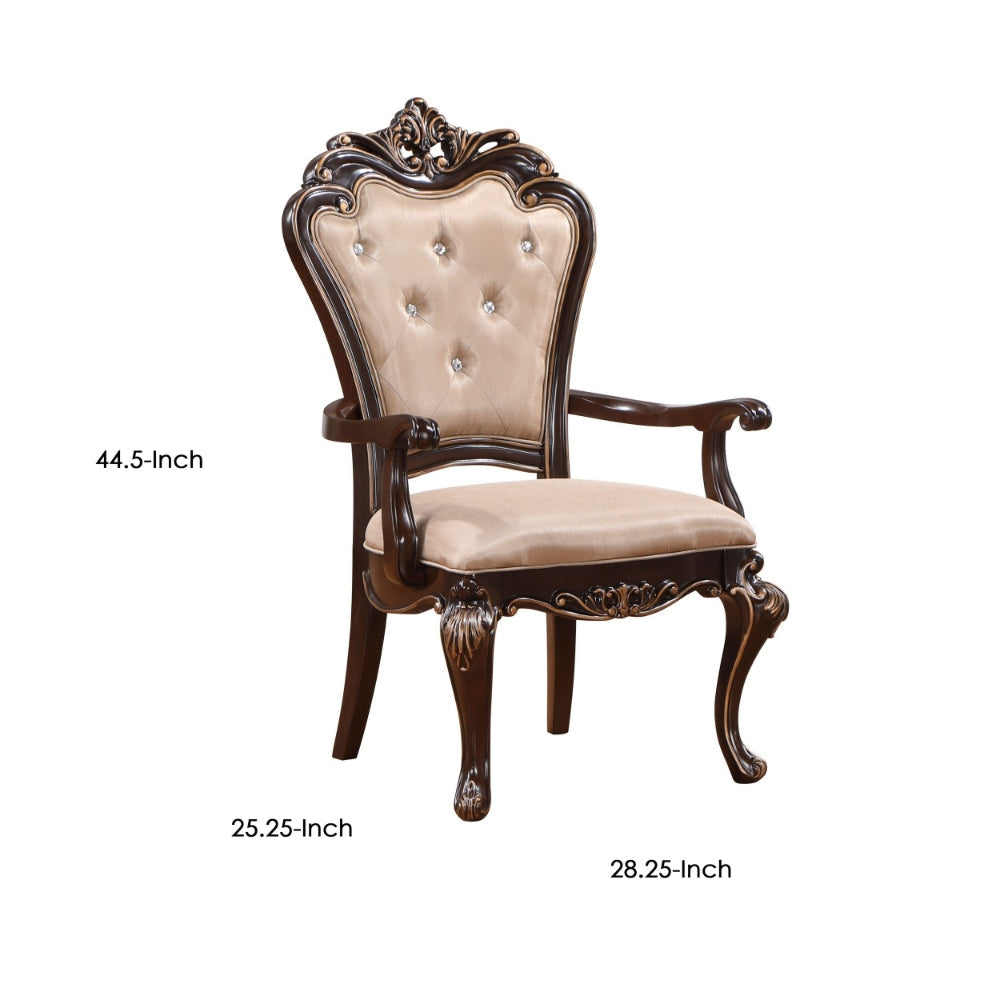 Leon 25 Inch Set of 2 Tufted Dining Armchair Cherry Brown Wood Beige Seat By Casagear Home BM304845