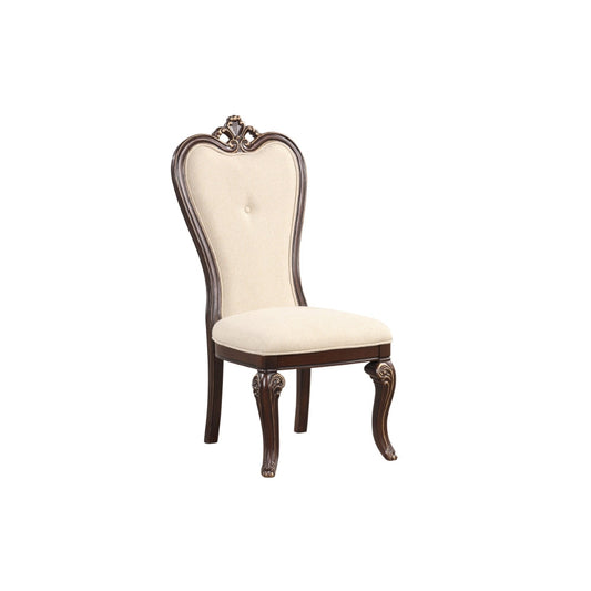 Mike 20 Inch Set of 2 Dining Chairs, Crown Top, Beige Fabric Brown Wood By Casagear Home