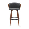Oja 30 Inch Swivel Barstool Chair, Gray Faux Leather, Curved, Walnut Brown By Casagear Home
