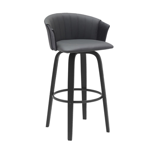 Oja 30 Inch Swivel Barstool Chair, Faux Leather, Curved Back, Black Wood By Casagear Home