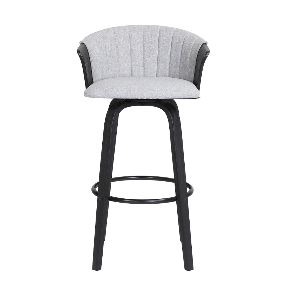 Oja 30 Inch Swivel Barstool Chair Light Gray Fabric Curved Black Wood By Casagear Home BM304907