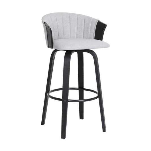 Oja 30 Inch Swivel Barstool Chair, Light Gray Fabric, Curved, Black Wood By Casagear Home