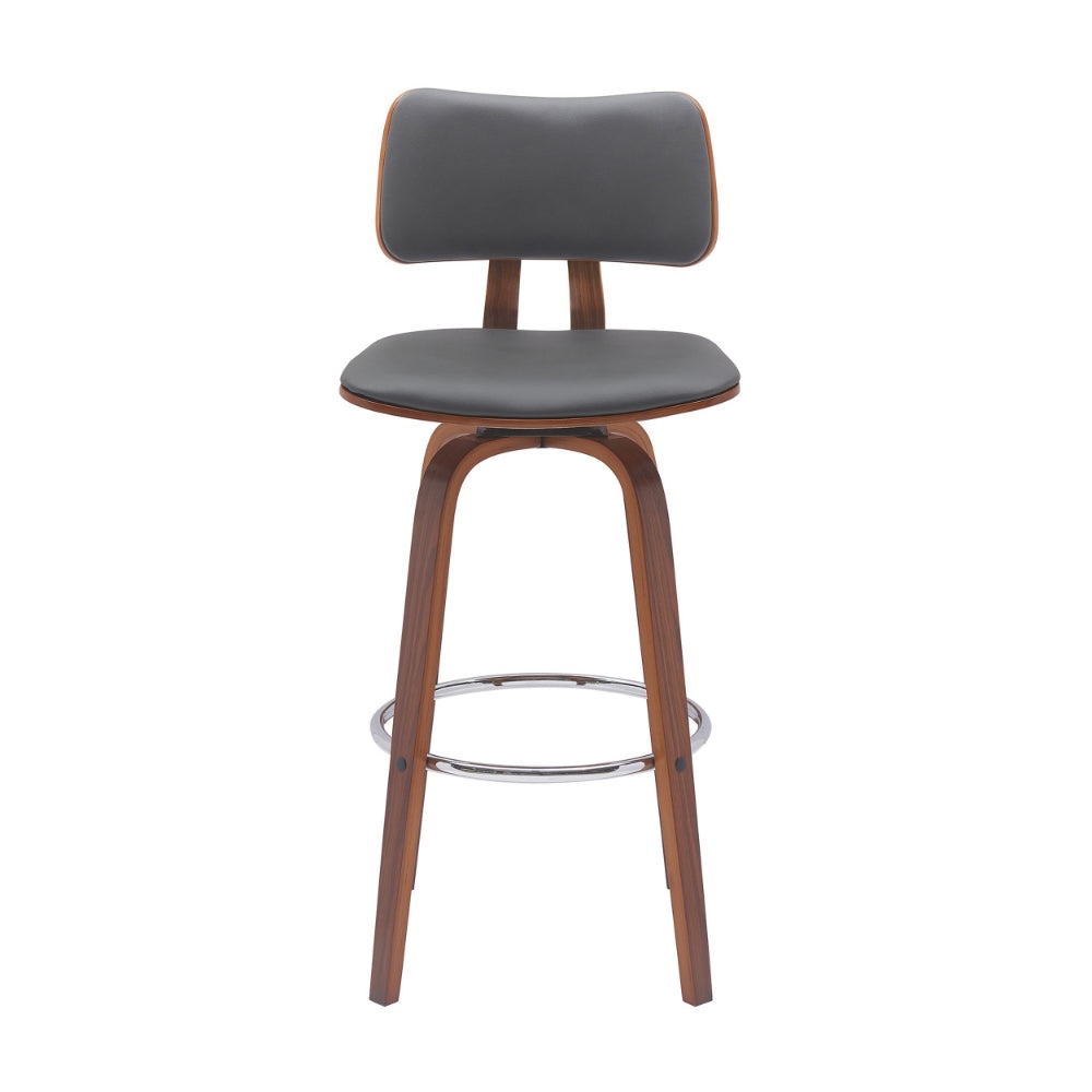Pino 30 Inch Swivel Barstool Chair Gray Faux Leather Walnut Brown Wood By Casagear Home BM304925