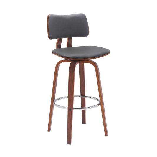 Pino 30 Inch Swivel Barstool Chair, Gray Faux Leather, Walnut Brown Wood By Casagear Home