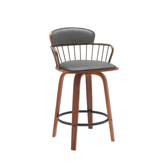 Wiz 26 Inch Counter Stool Chair, Slatted, Gray Faux Leather, Walnut Brown By Casagear Home