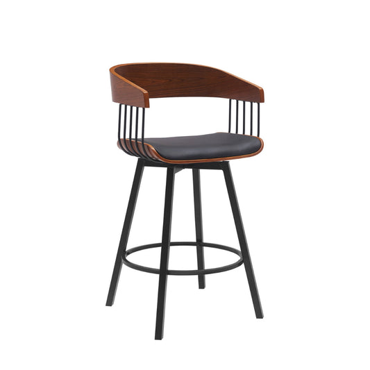 Vera 27 Inch Swivel Counter Stool Chair, Brown Open Back Black Faux Leather By Casagear Home