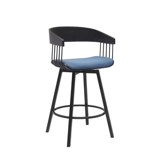 Vera 27 Inch Swivel Counter Stool Chair, Black Open Back, Soft Blue Fabric By Casagear Home