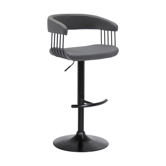 Arya Barstool Chair, 24-33 Inch Adjustable Height, Gray Faux Leather, Black By Casagear Home