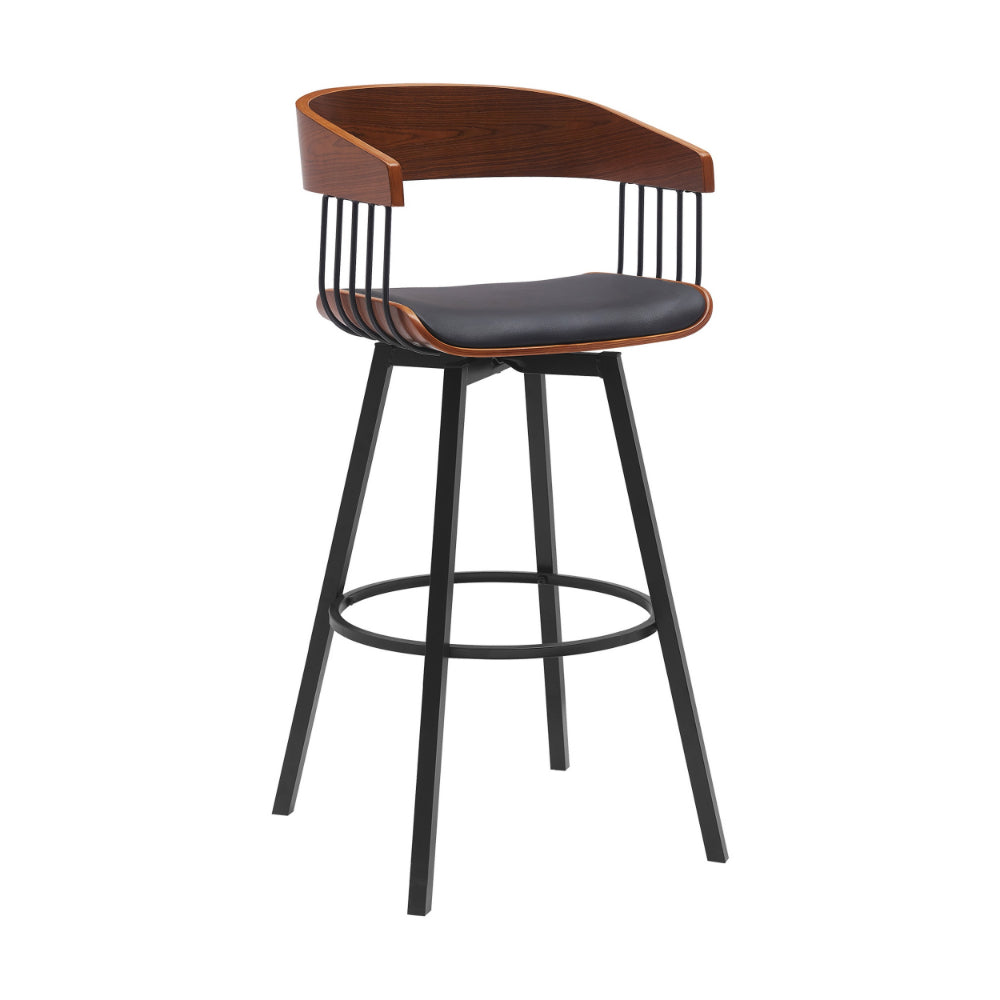 Vera 31 Inch Swivel Barstool Chair, Curved Open Back, Walnut Brown, Black By Casagear Home