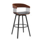 Vera 31 Inch Swivel Barstool Chair, Curved Open Back, Walnut Brown, Gray By Casagear Home